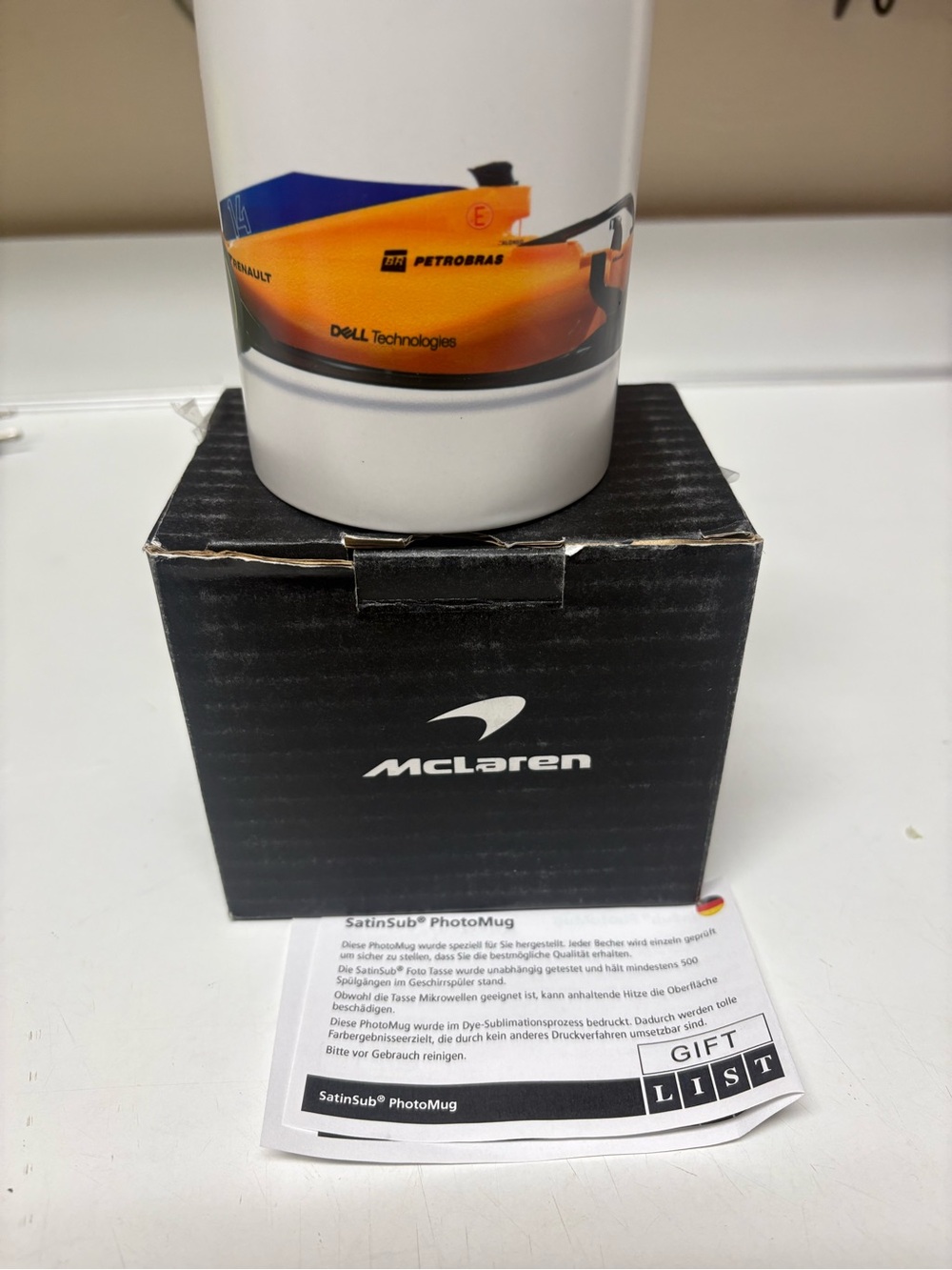 New McLaren Branded Photo Mug in White with Orange Accent authentic 100%
